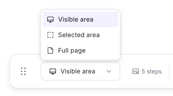 The toolbar's capture menu with Visible area, Selected area and Full page options.